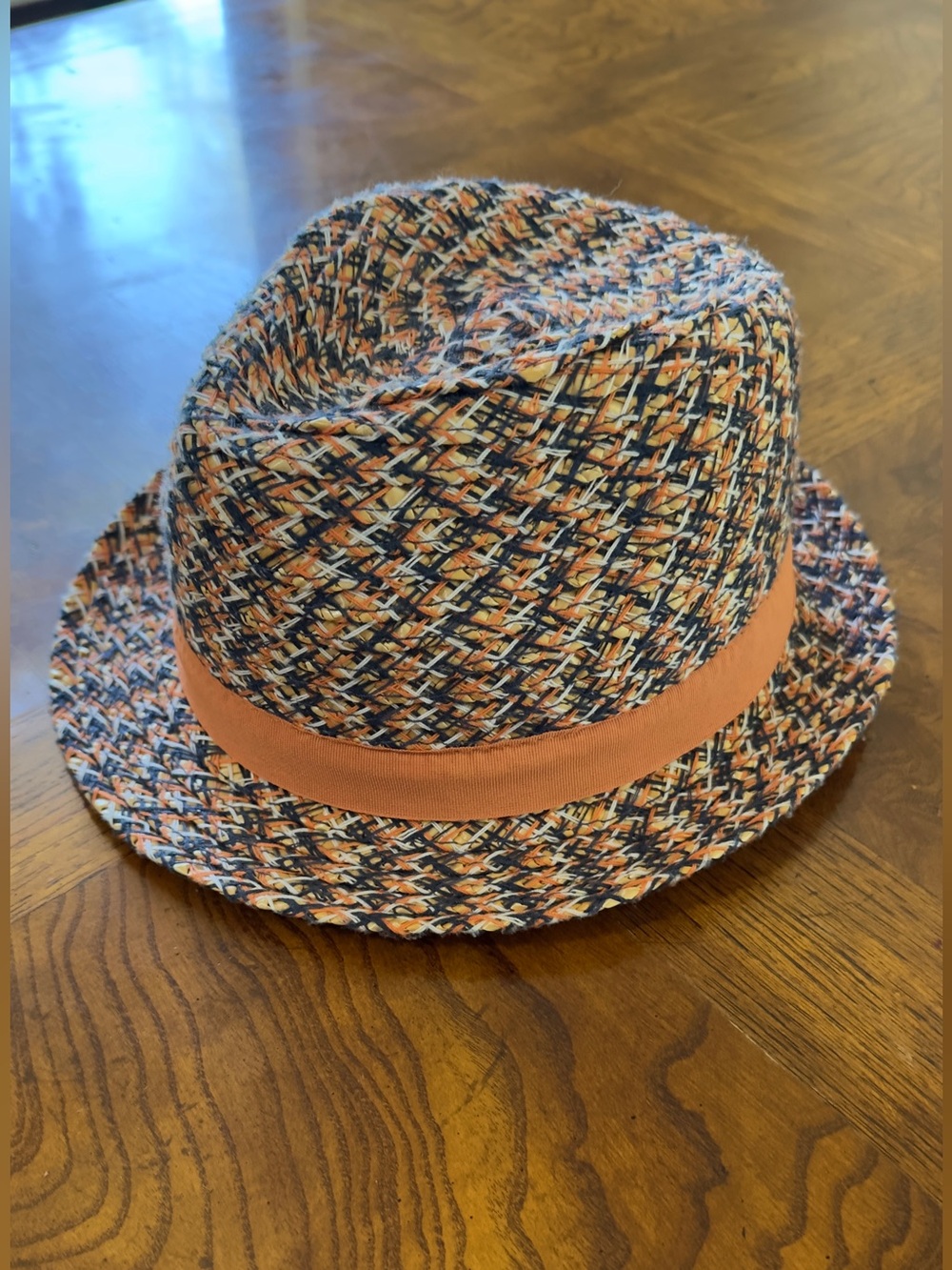 Men's Fedora Panama Hat Orange Navy Straw